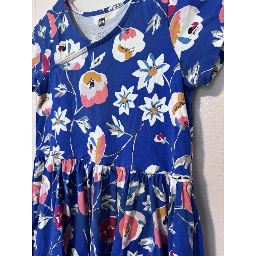 Tea Brand Girls Short Sleeve Wrap Neck Dress Size 8 Blue Floral Colorful Cotton - Picture 4 of 12
